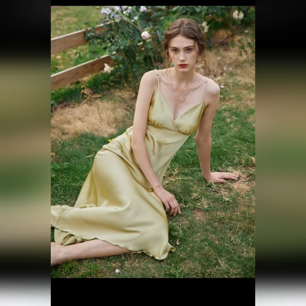 Simple retro Kristin French V-Neck Slip Yellow-green Dress XL - Picture 4 of 7